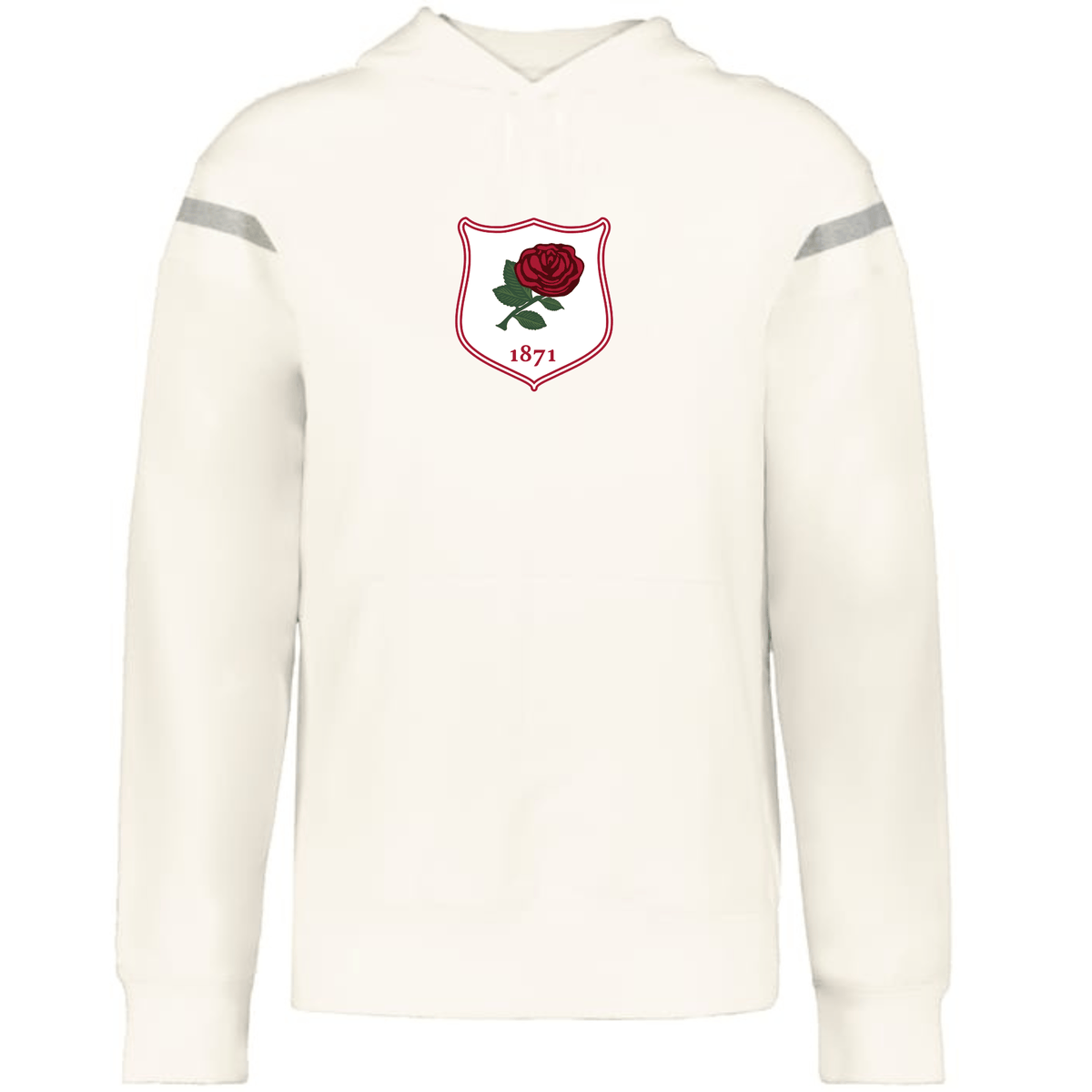 The WRS Augusta England Heritage Prep Vintage Shield Hoodie is a white top with a shield badge featuring a red rose and "1871" on the chest, celebrating classic collegiate style.