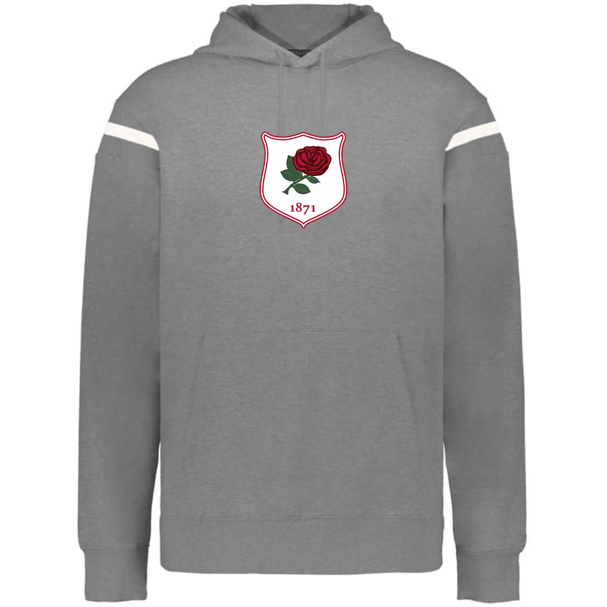 The WRS Augusta England Heritage Prep Vintage Shield Hoodie features a gray design with white stripes, a red rose emblem, and "1871"—a classic homage to England heritage style.