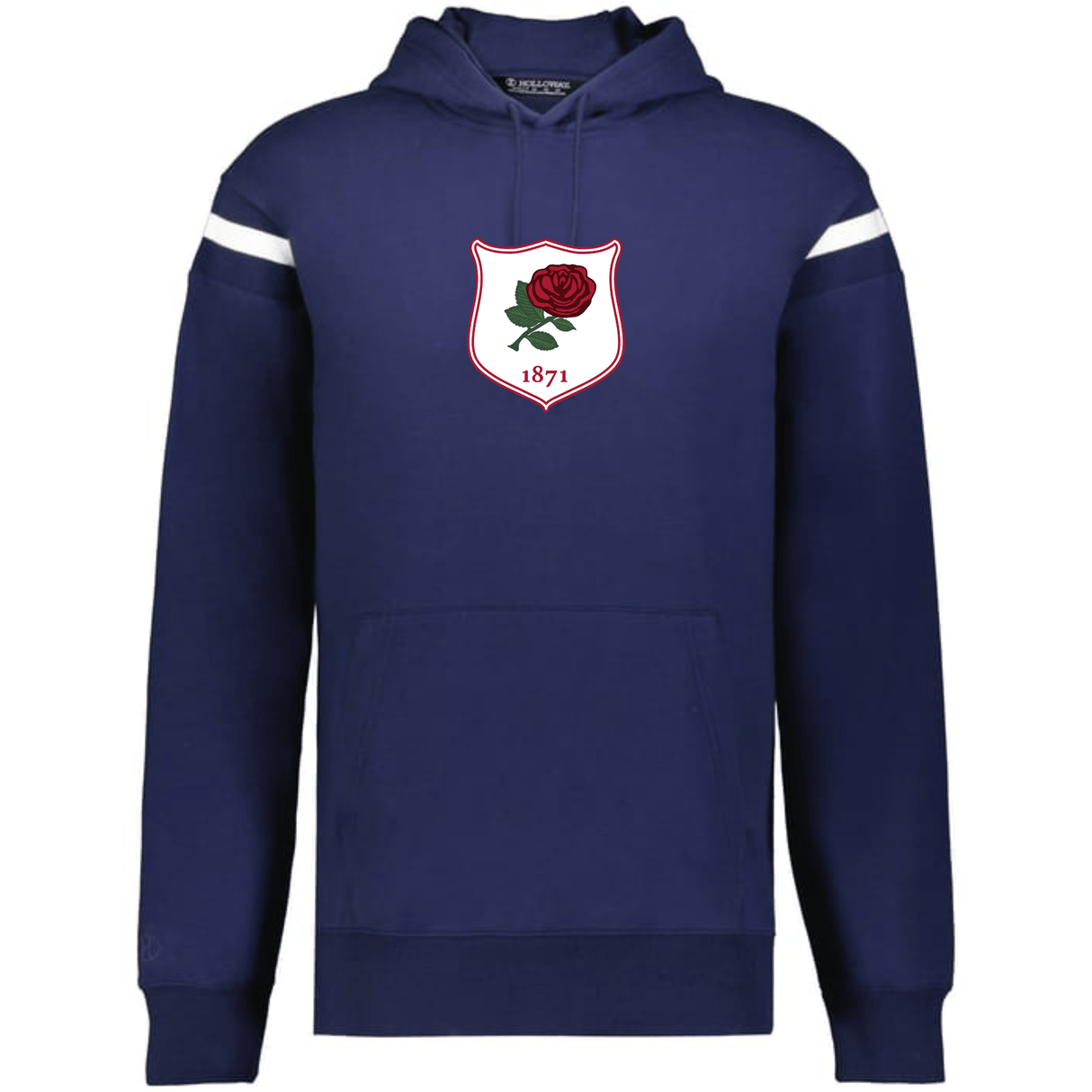 The WRS Augusta England Heritage Prep Vintage Shield Hoodie features navy blue fabric, white sleeve stripes, a front pocket, and a chest crest with a red rose and "1871," combining classic style with vintage English heritage.