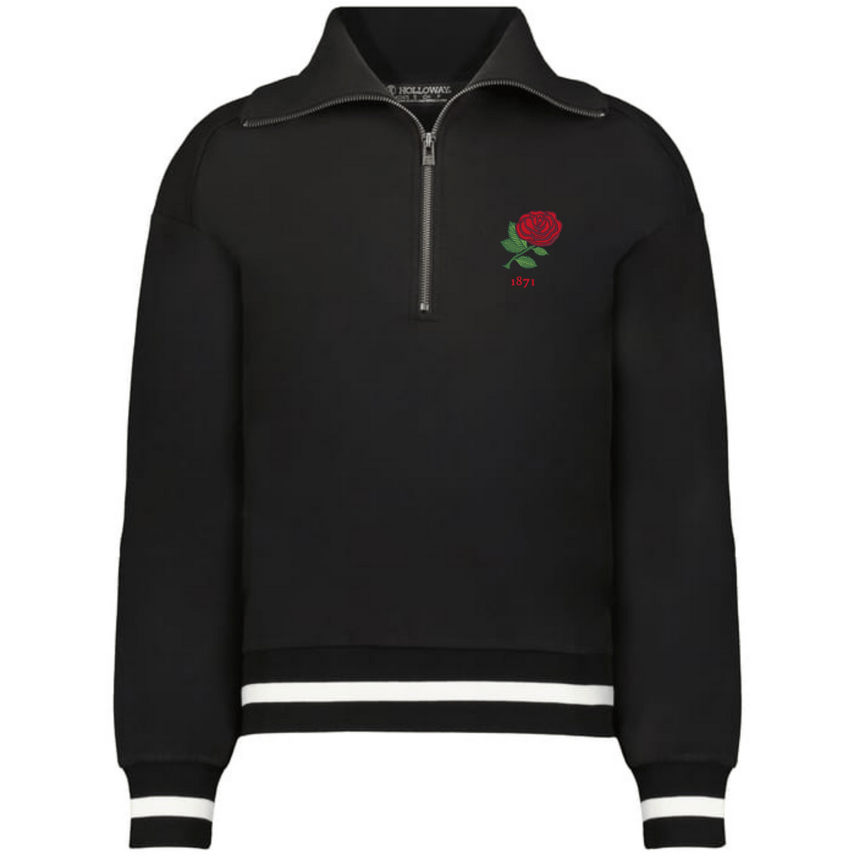 The EMB Augusta Women's Vintage England Heritage Prep Pullover features black fabric, white cuff and hem stripes, and "1871" with a red rose embroidered on the chest—delivering classic sweater vibes.