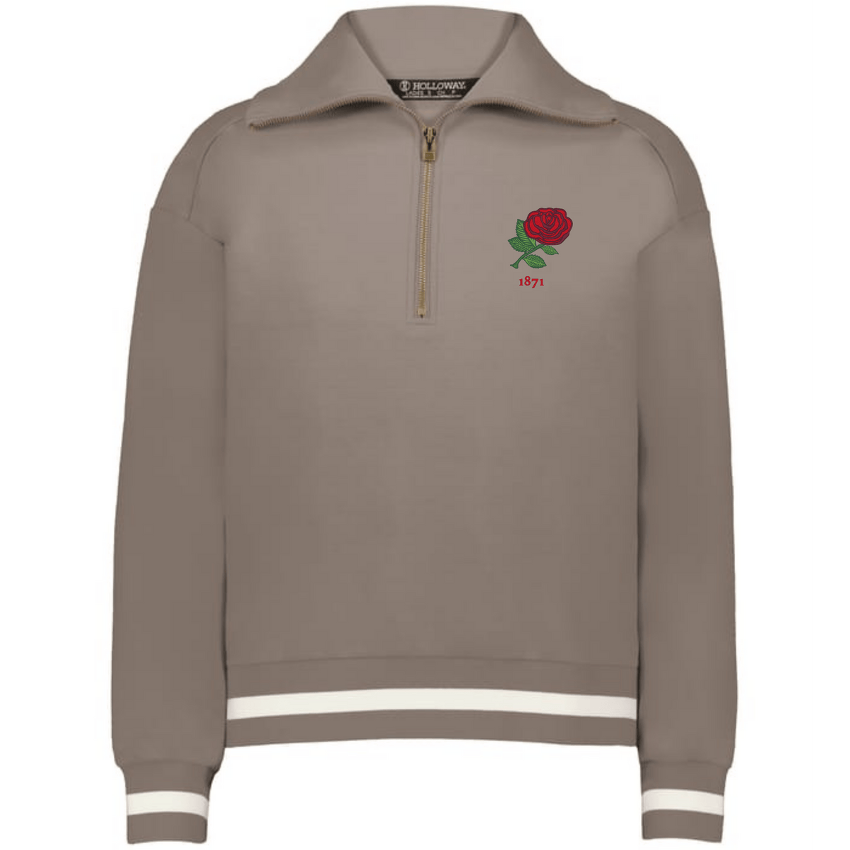 The EMB Augusta Women's Vintage England Heritage Prep Pullover is a beige quarter-zip with white-striped cuffs and hem, featuring a red rose and "1871" on the chest—honoring classic heritage prep style.
