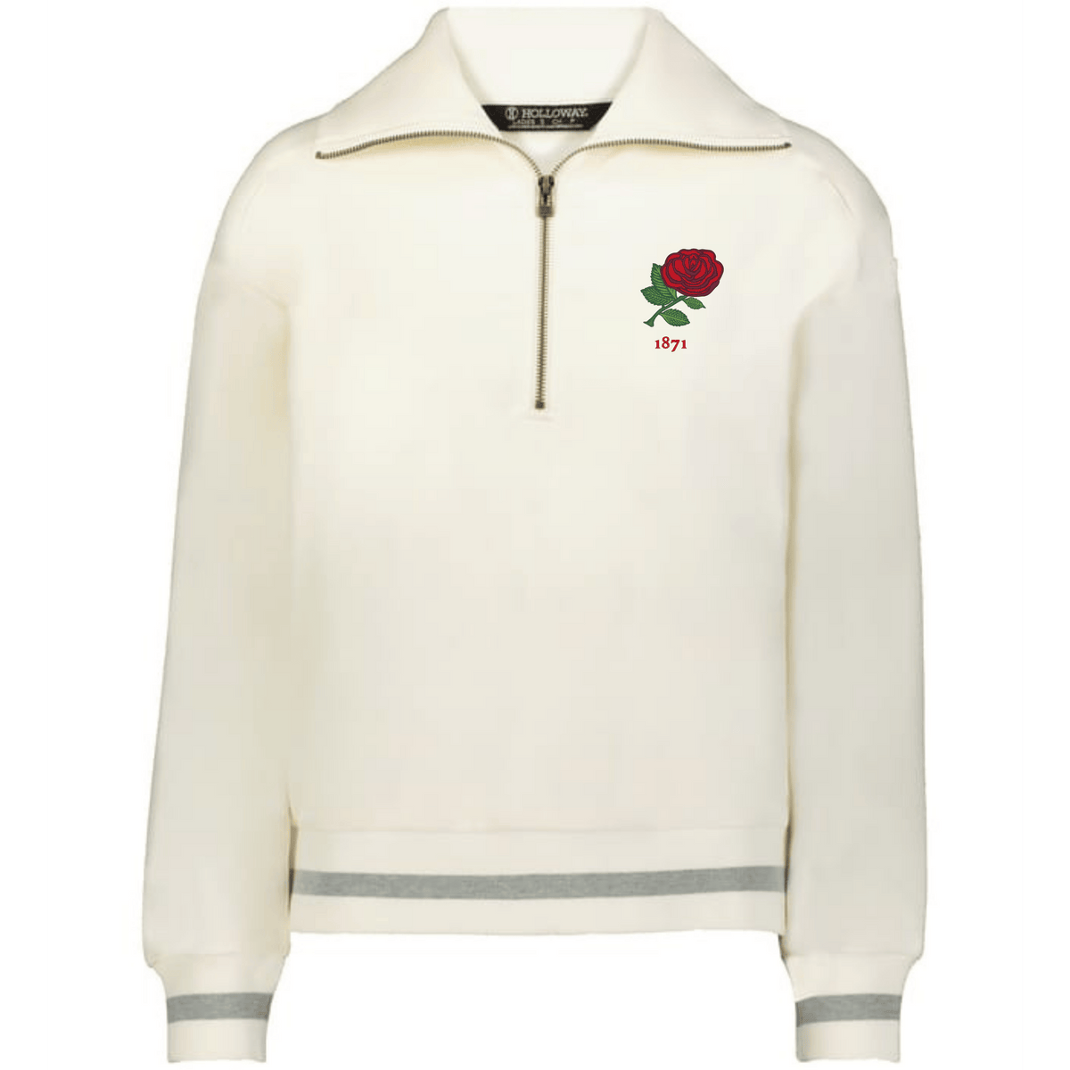 The EMB Augusta Women's Vintage England Heritage Prep Pullover is a cream quarter-zip sweater with grey trim, featuring a red rose and "1871" embroidered on the left chest.