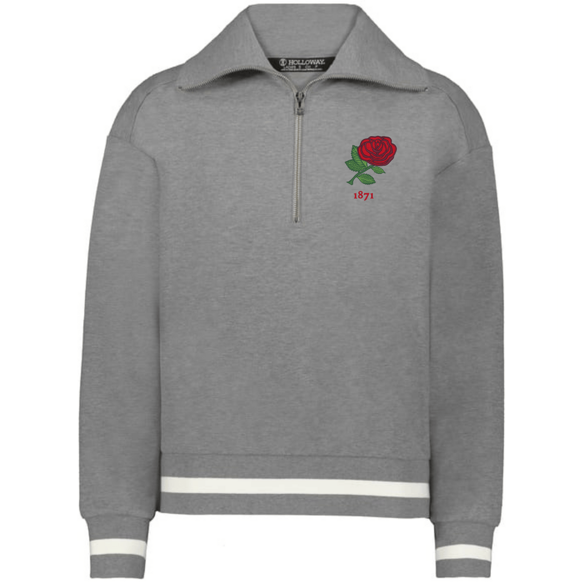 The EMB Augusta Women's Vintage England Heritage Prep Pullover is a grey quarter-zip sweater with white cuff and hem stripes, plus a red rose and "1871" on the left chest.