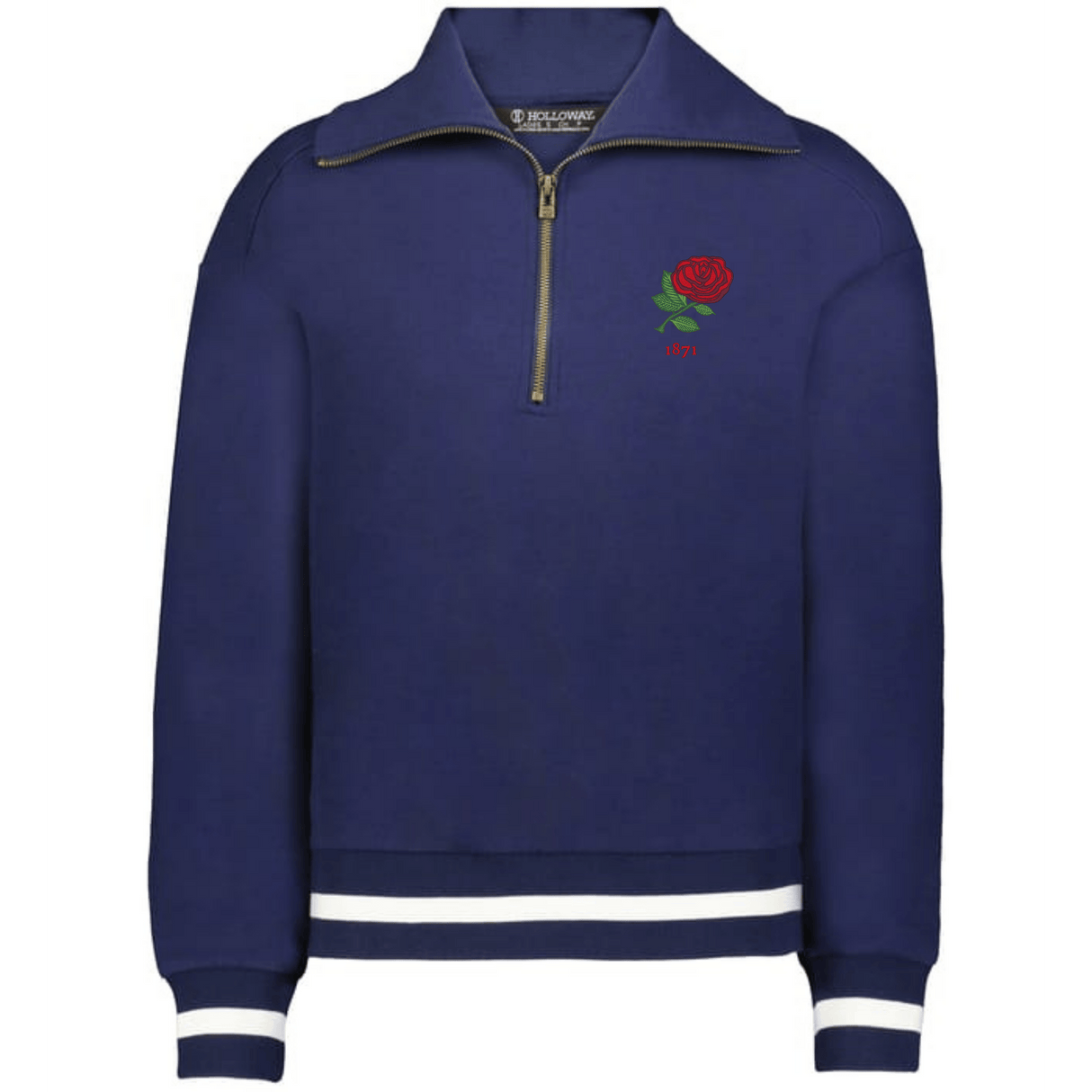 The EMB Augusta Women's Vintage England Heritage Prep Pullover is a navy blue quarter-zip with white-striped cuffs and hem, showcasing a red rose and "1971" embroidery on the left chest.