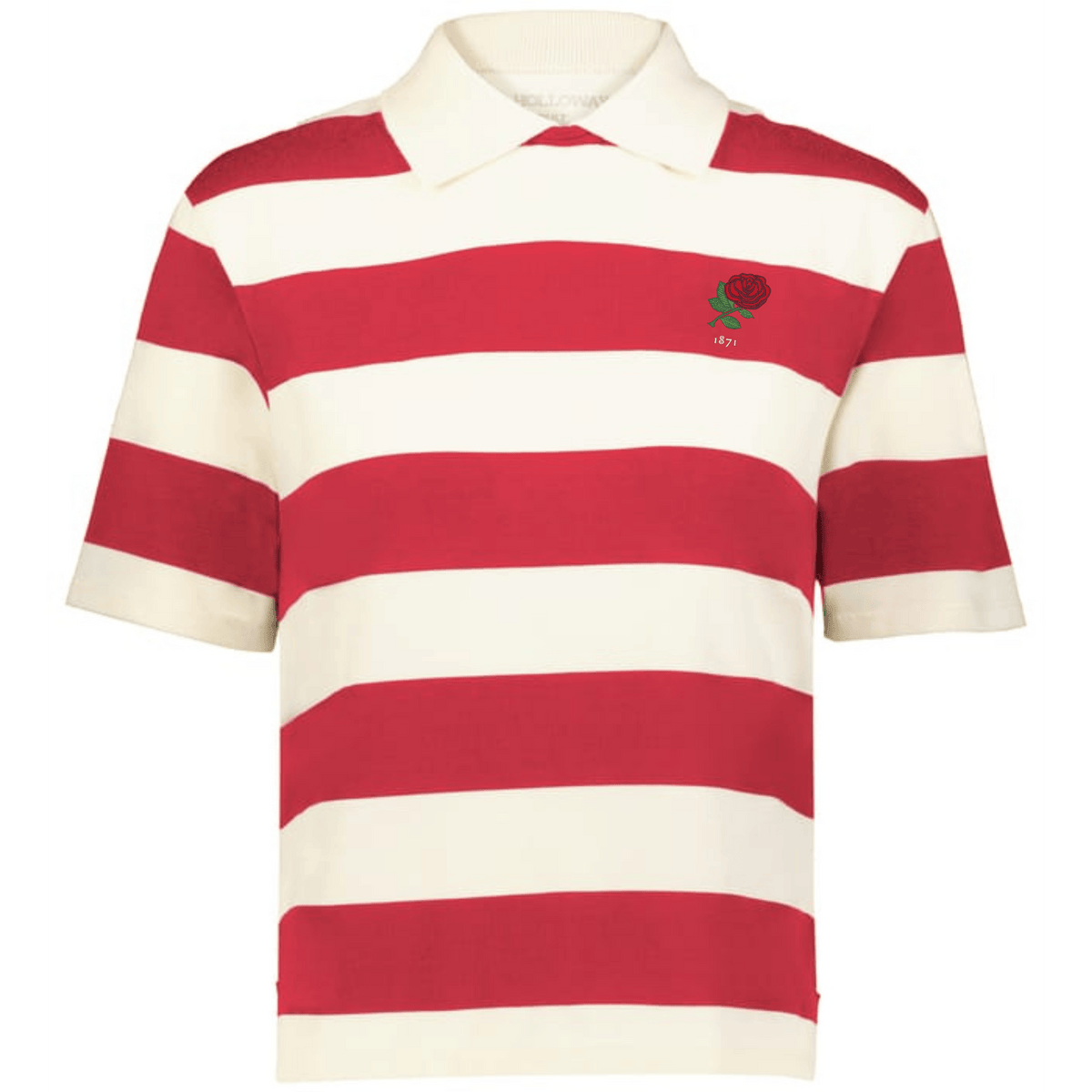 The EMB Augusta Women's Vintage England Prep Street Rugby Crop is a short-sleeved, collared tee with bold red and white stripes, an embroidered rose and "1977" on the chest—ideal for a prep-inspired street rugby style.