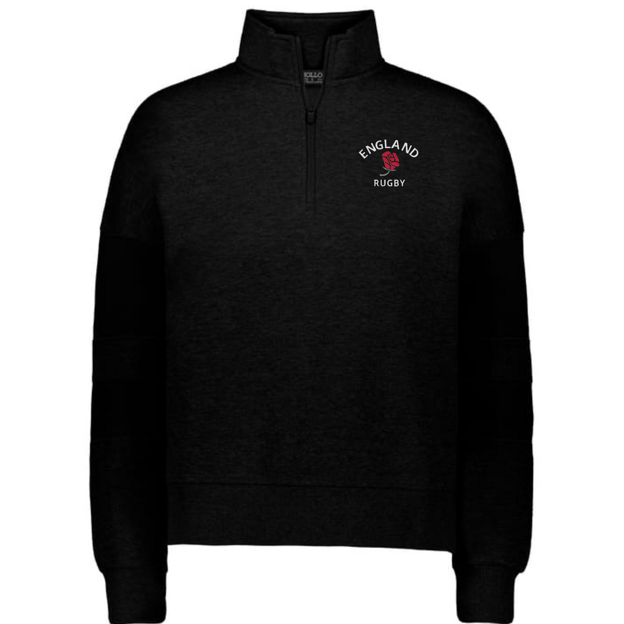 The EMB Augusta Women's Nations of Rugby England Jackson Way Pullover is a black quarter-zip featuring "ENGLAND RUGBY" and a red rose logo on the left chest, perfect for fans wanting sporty style and comfort.