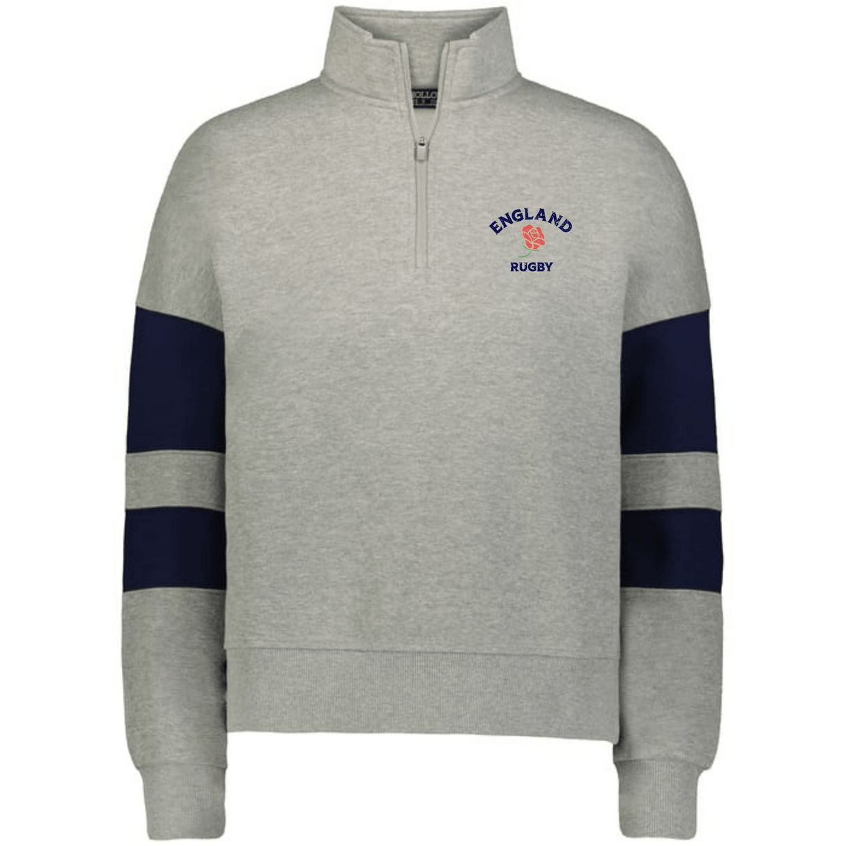 The EMB Augusta Women's Nations of Rugby England Jackson Way Pullover is a light grey quarter-zip with navy sleeve stripes and a red rose "England Rugby" logo on the left chest, combining sporty style and comfort.