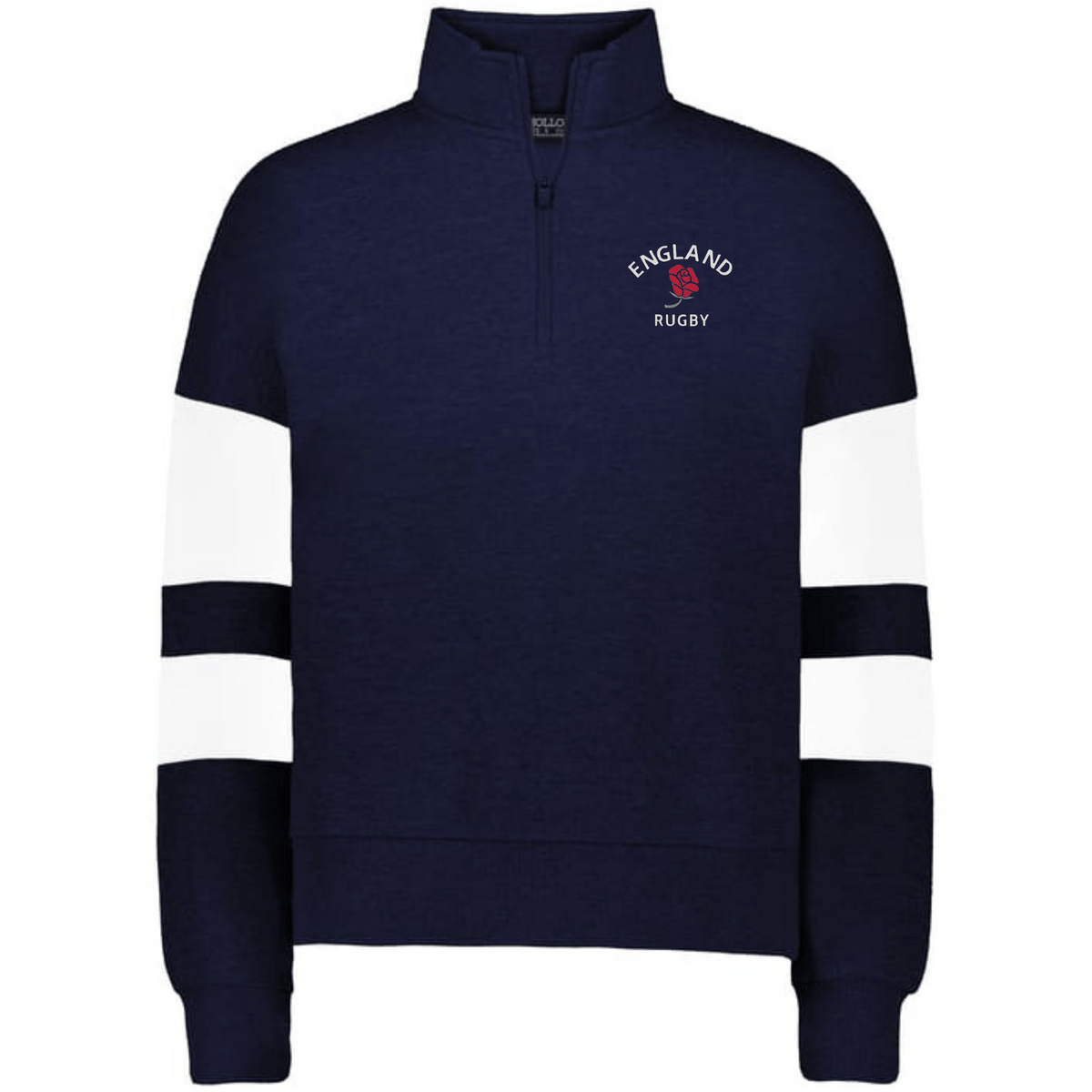 The Women's Nations of Rugby England Jackson Way Pullover by EMB Augusta features navy blue fabric, white sleeve stripes, a quarter-zip collar, and a red rose emblem for sporty style and comfort.