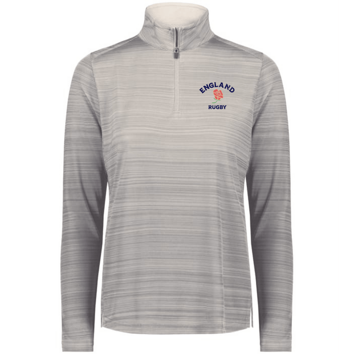 The Women's Nations of Rugby England Pursuit 1/4 Zip Pullover by EMB Augusta features gray, subtle stripes, a red rose logo on the chest, and moisture-wicking fabric for all-day comfort.