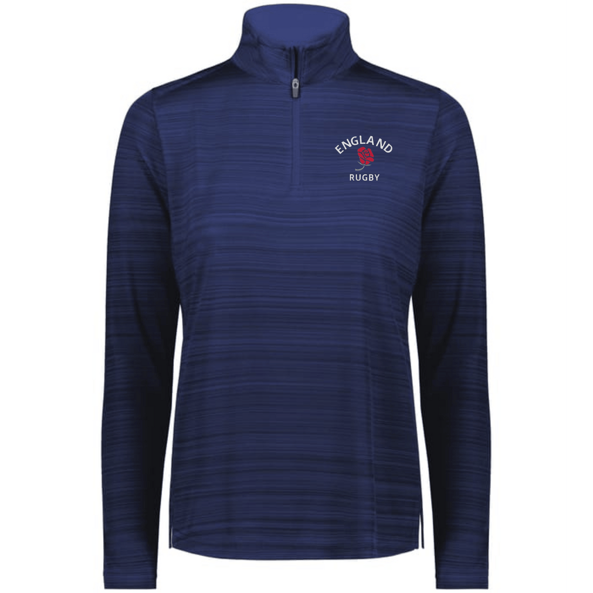 The EMB Augusta Women's Nations of Rugby England Pursuit 1/4 Zip Pullover is a navy, long-sleeved, moisture-wicking top featuring subtle stripes, "ENGLAND RUGBY" text, and a red rose logo on the left chest.