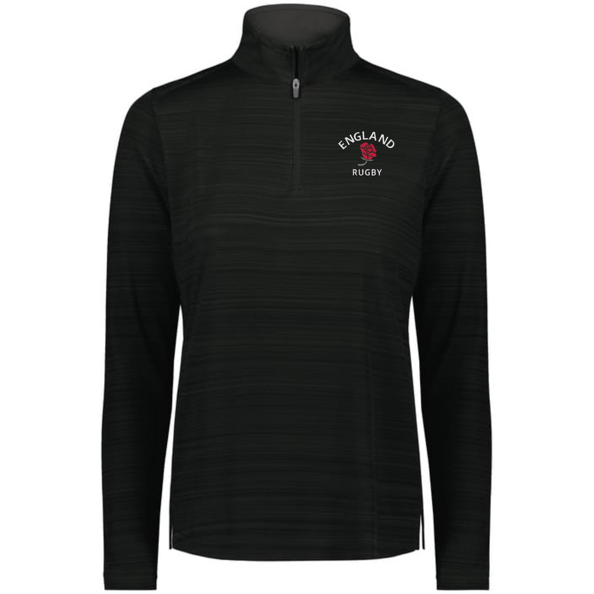 The EMB Augusta Women's Nations of Rugby England Pursuit 1/4 Zip Pullover is a black, moisture-wicking top with "ENGLAND RUGBY" and a red rose emblem on the left chest.