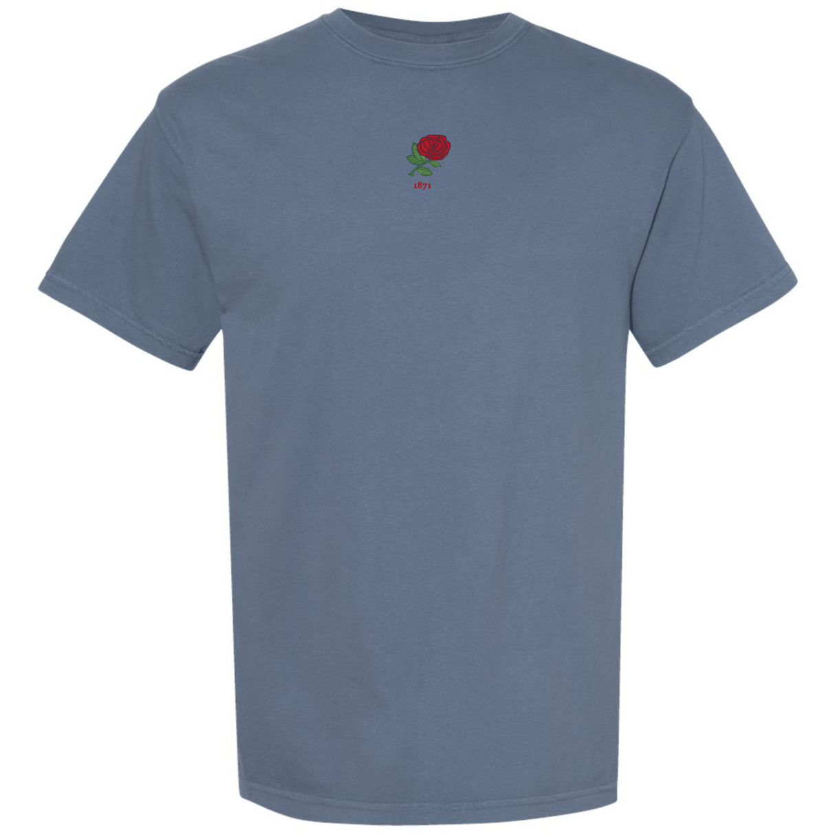 The England Vintage Comfort Tee by EMB S&S Activewear is a heavy comfort blue t-shirt with a small red rose and the word "stay" centered on the chest.