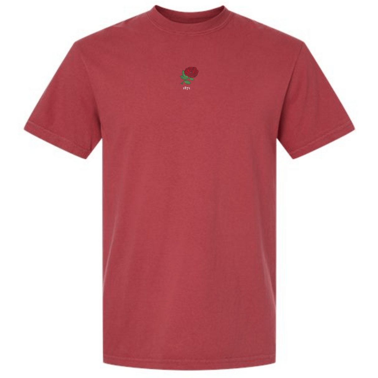 The England Vintage Comfort Tee by EMB S&S Activewear features a plain red design with a small embroidered red rose and "stay" below it on the chest, inspired by classic vintage England style.