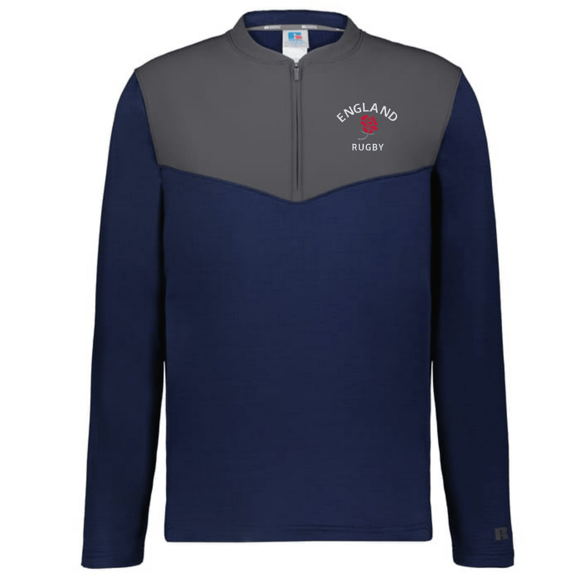 The EMB Augusta Nations of Rugby England Sideline Grid 1/4 Zip Pullover features a navy body, gray yoke, and "England Rugby" with red rose emblem on the left chest—ideal supporter gear for fans.