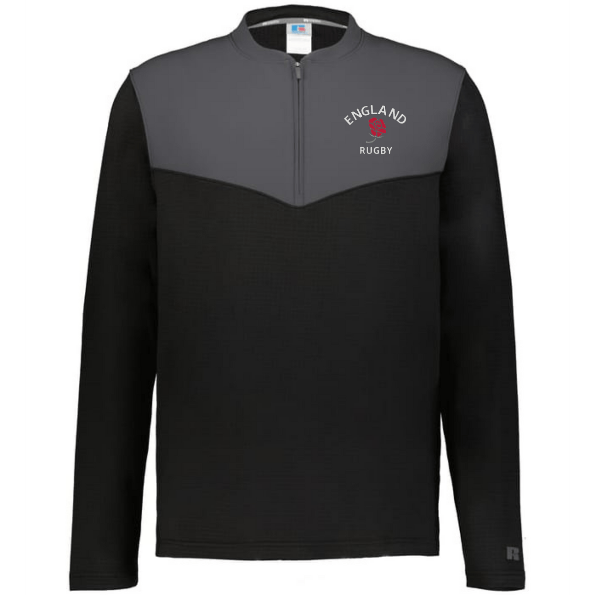 The EMB Augusta Nations of Rugby England Sideline Grid 1/4 Zip Pullover features a black and gray fleece design, "England Rugby" text, and a red rose logo—ideal for any rugby supporter.