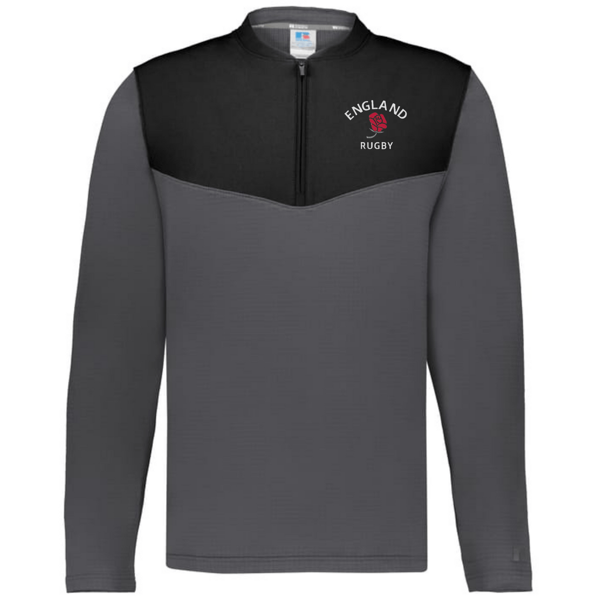 Show your pride with the EMB Augusta Nations of Rugby England Sideline Grid 1/4 Zip Pullover—gray and black, featuring "England Rugby" and a red rose logo on the chest. A must-have for any rugby supporter's collection.