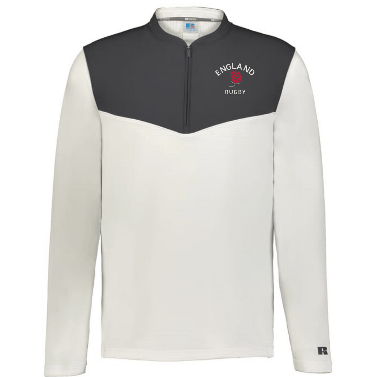 The EMB Augusta Nations of Rugby England Sideline Grid 1/4 Zip Pullover features a dark gray upper, light gray lower body and sleeves, and an "England Rugby" red rose logo—ideal for any rugby supporter’s collection.