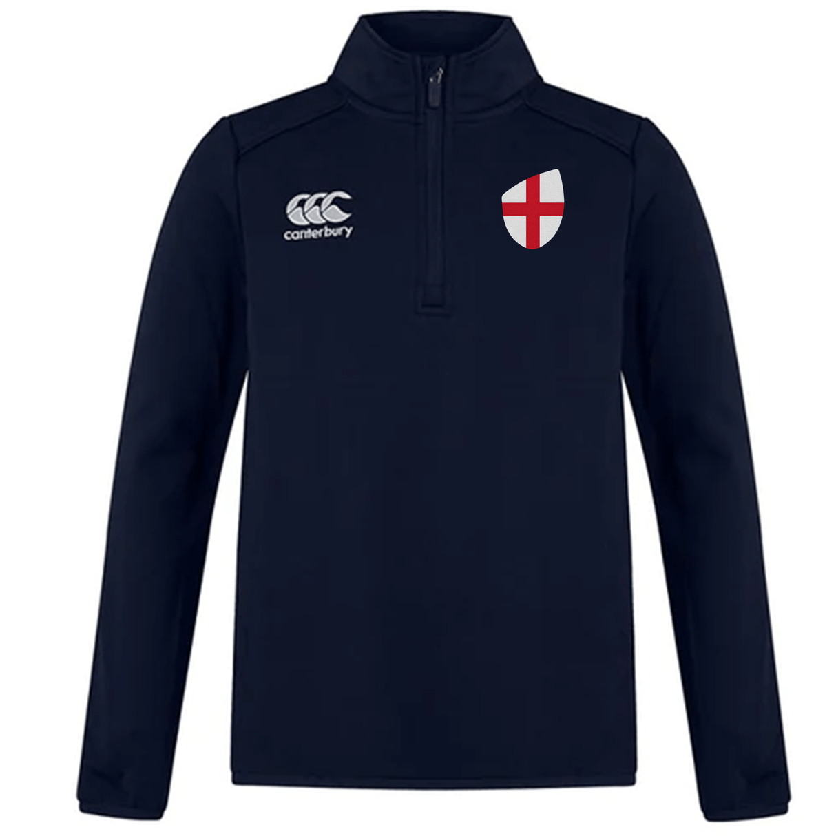 Navy England Club Shield 1/4 Zip Training Top by EMB Canterbury, featuring a CCC logo and England shield emblem on the chest. Ideal for rugby fans seeking quality sportswear.
