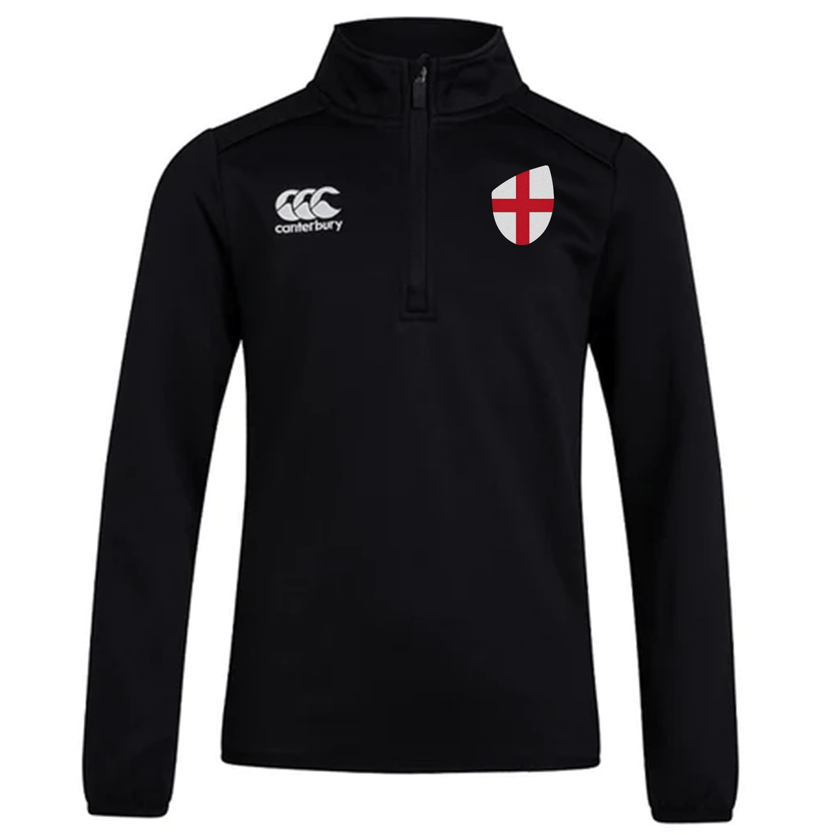 The England Club Shield 1/4 Zip Training Top by EMB Canterbury features a CCC logo on the left and a red/white cross emblem on the right. It's a stylish rugby pullover, ideal for training or casual wear.