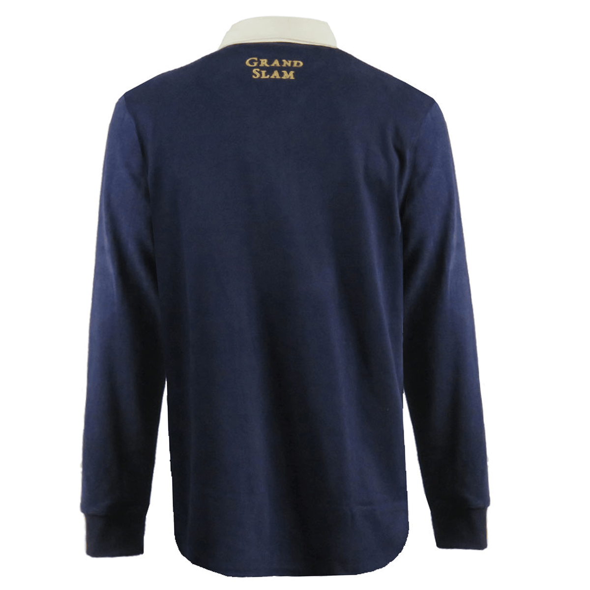 Back view of the Ellis Rugby Scotland 1990 Grand Slam Classic Rugby Shirt, a long-sleeve navy top with a white collar and "Scotland 1990 Grand Slam" in gold on the upper back.