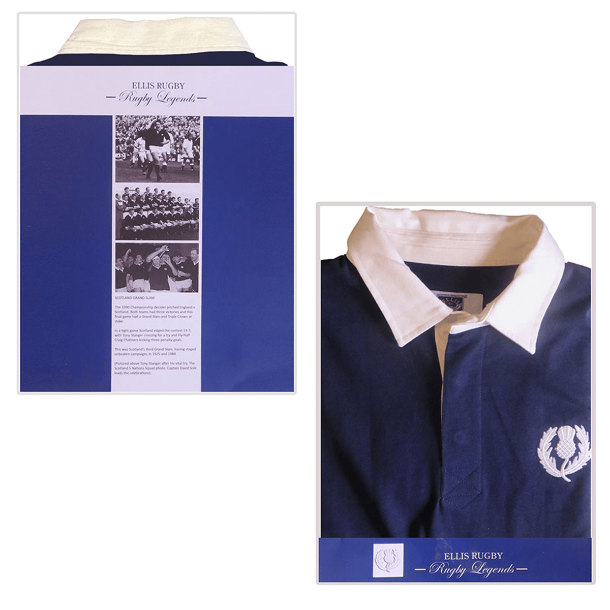 The Ellis Rugby Scotland 1990 Grand Slam Classic Shirt features a white collar, crest, and a blue backdrop displaying photos and text celebrating rugby history.