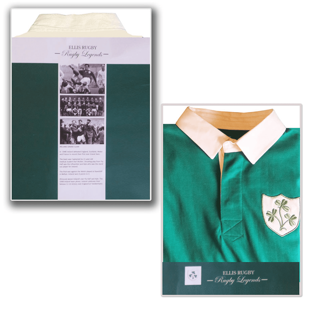 The Ellis Rugby Ireland 1948 Grand Slam Classic Rugby Shirt, with a green body and white collar, is displayed beside packaging that features vintage rugby team photos, celebrating the iconic era of Irish sportsmanship and honoring the Rugby Legends of Ireland's historic 1948 Grand Slam.