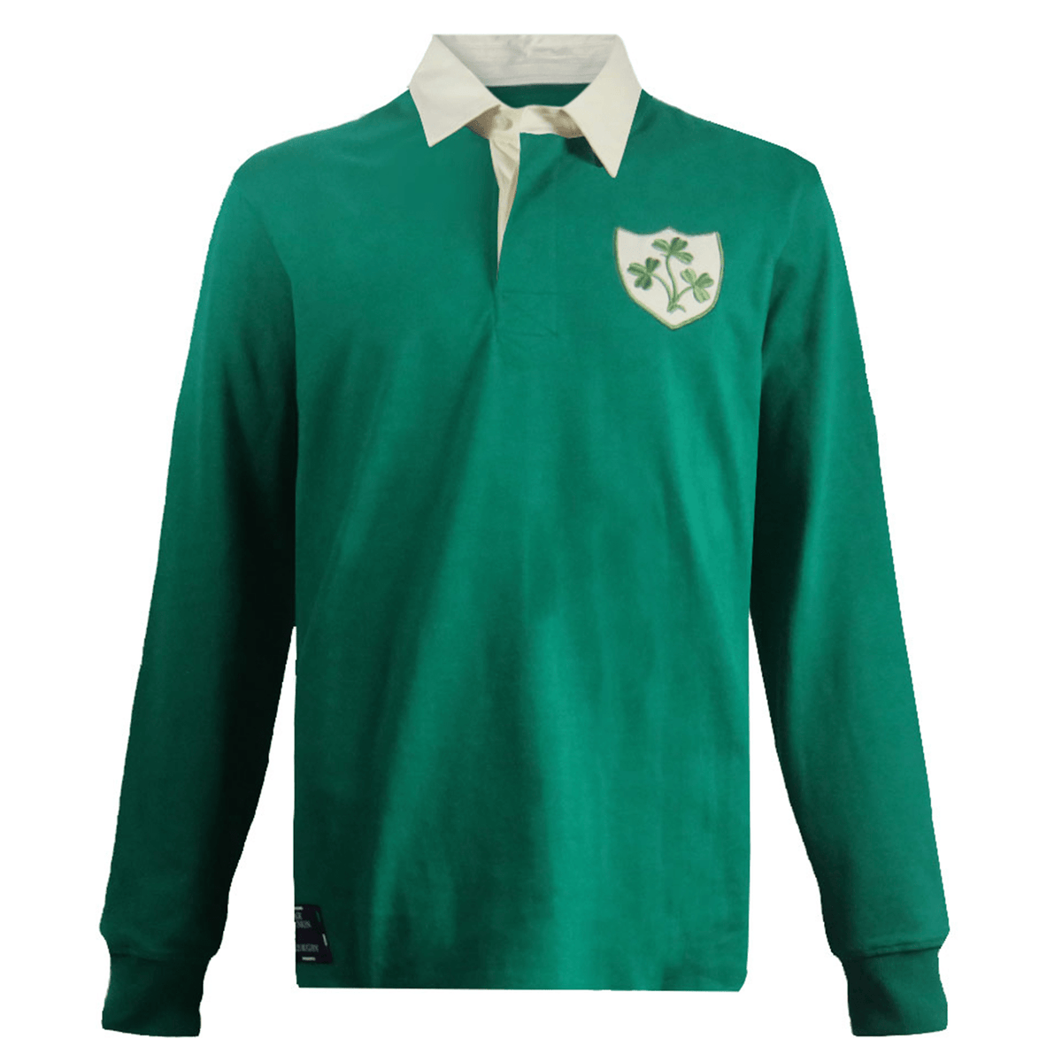 The Ellis Rugby Ireland 1948 Grand Slam Classic Rugby Shirt showcases a vintage green long-sleeve design, complete with a white collar and shamrock emblem, reminiscent of the iconic 1948 Grand Slam era.