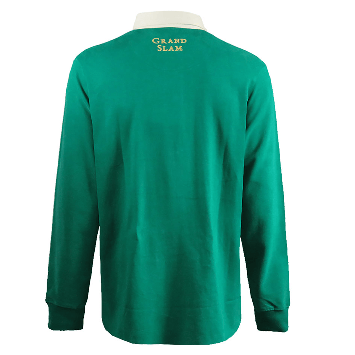 The Ellis Rugby Ireland 1948 Grand Slam Classic Rugby Shirt features a back view with long green sleeves and "Grand Slam" elegantly in gold, evoking Ireland Rugby's glorious 1948 era.