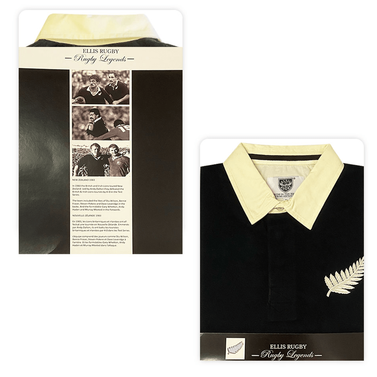 The Ellis Rugby All Blacks 1983 Classic Rugby Shirt packaging showcases a white collar, a silver fern logo, "Ellis Rugby Legends" text, and includes historical rugby images with a brief description to capture the essence of classic All Blacks style.