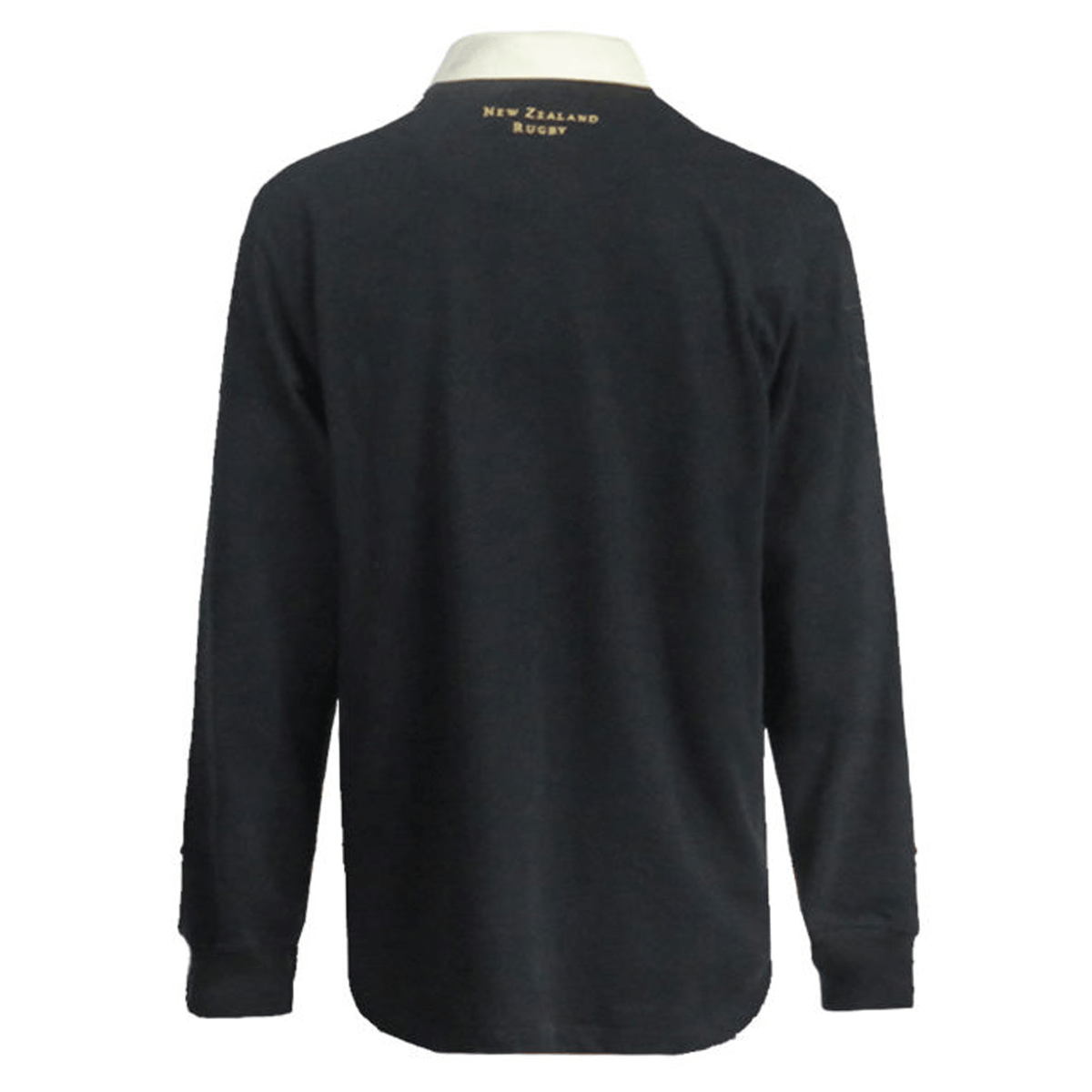 The Ellis Rugby All Blacks 1983 Classic Rugby Shirt features a back view of a long-sleeve black cotton top with a white collar and "New Zealand Rugby" embroidered in yellow, exuding timeless appeal.