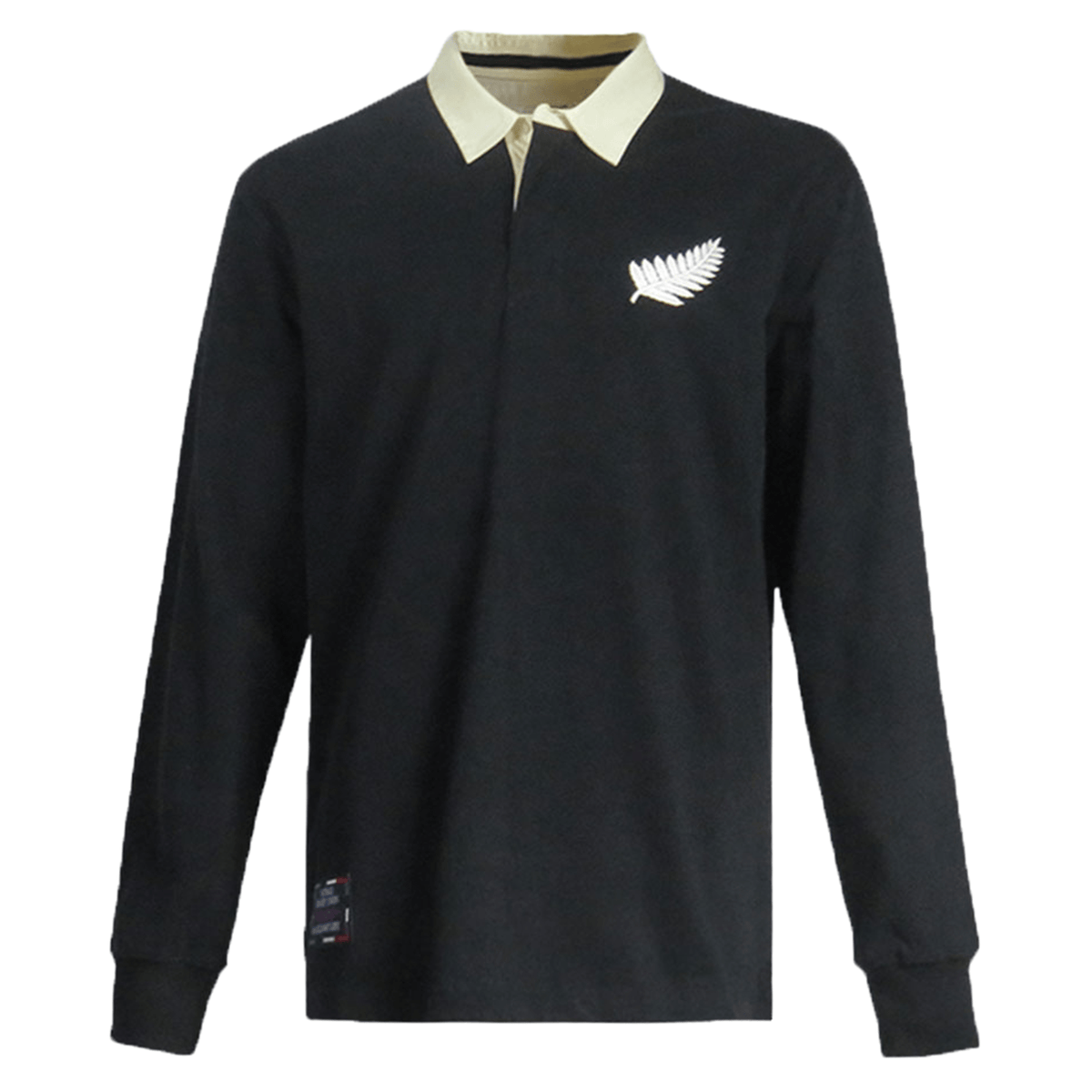 The Ellis Rugby All Blacks 1983 Classic Rugby Shirt by Ellis Rugby is a black cotton long-sleeve top, featuring a classic white collar and chest emblem of a white fern, reminiscent of vintage All Blacks shirts.