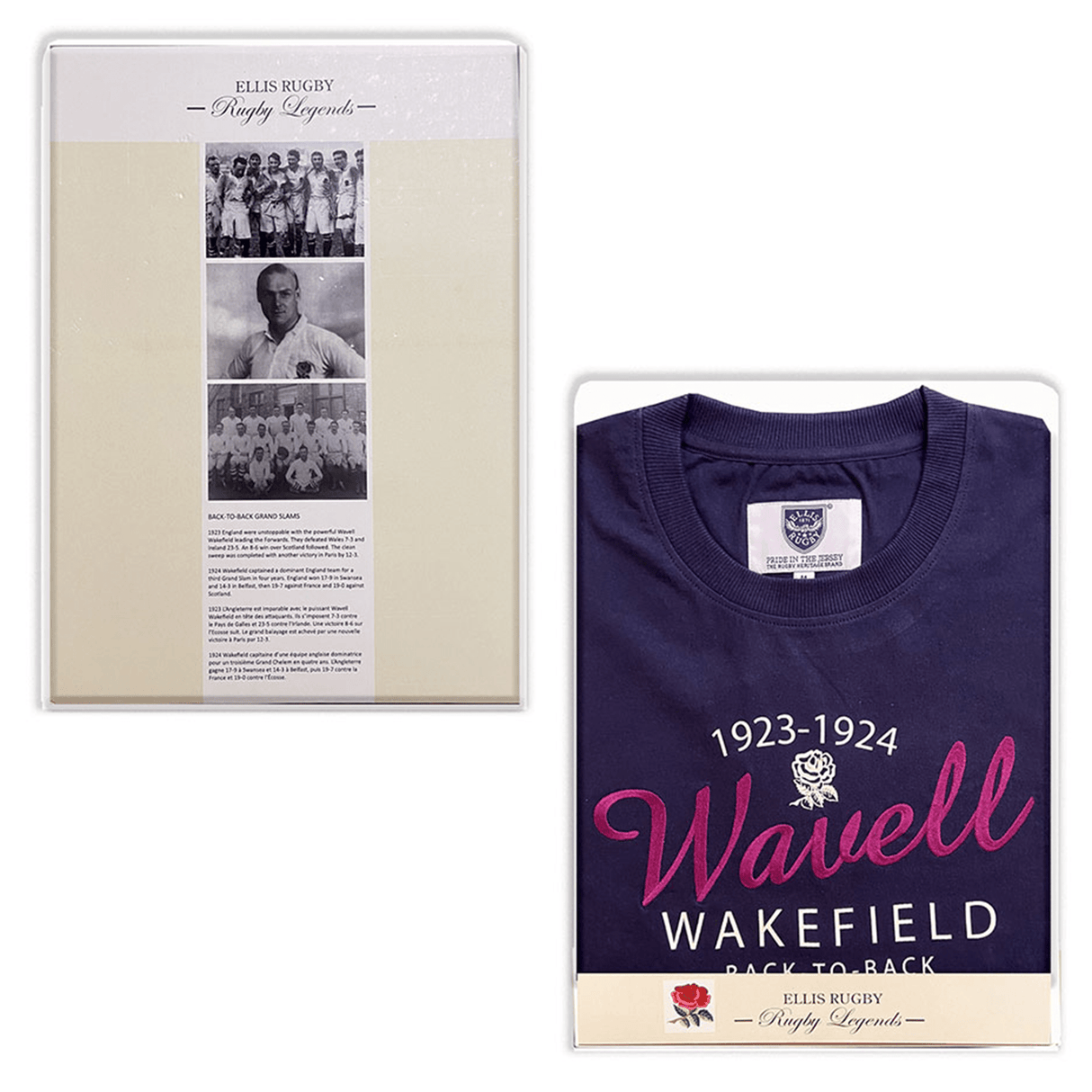 The Ellis Rugby England Rugby 1924 Grand Slam Shirt comes boxed with a navy t-shirt featuring "1923-1924 Wavell Wakefield Back-To-Back" text and a leaflet showcasing historic rugby images and details about Ellis Rugby's Ripley Legends, celebrating England Rugby triumphs and Grand Slam victories.