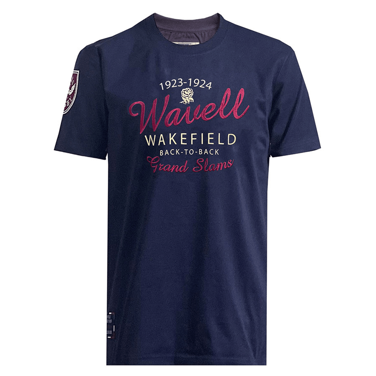 The Ellis Rugby England Rugby 1924 Grand Slam Shirt is a navy blue piece featuring "1923-1924 Wavell Wakefield Back-to-Back Grand Slams" elegantly printed in white and red script on the front, celebrating a legendary era in rugby history.
