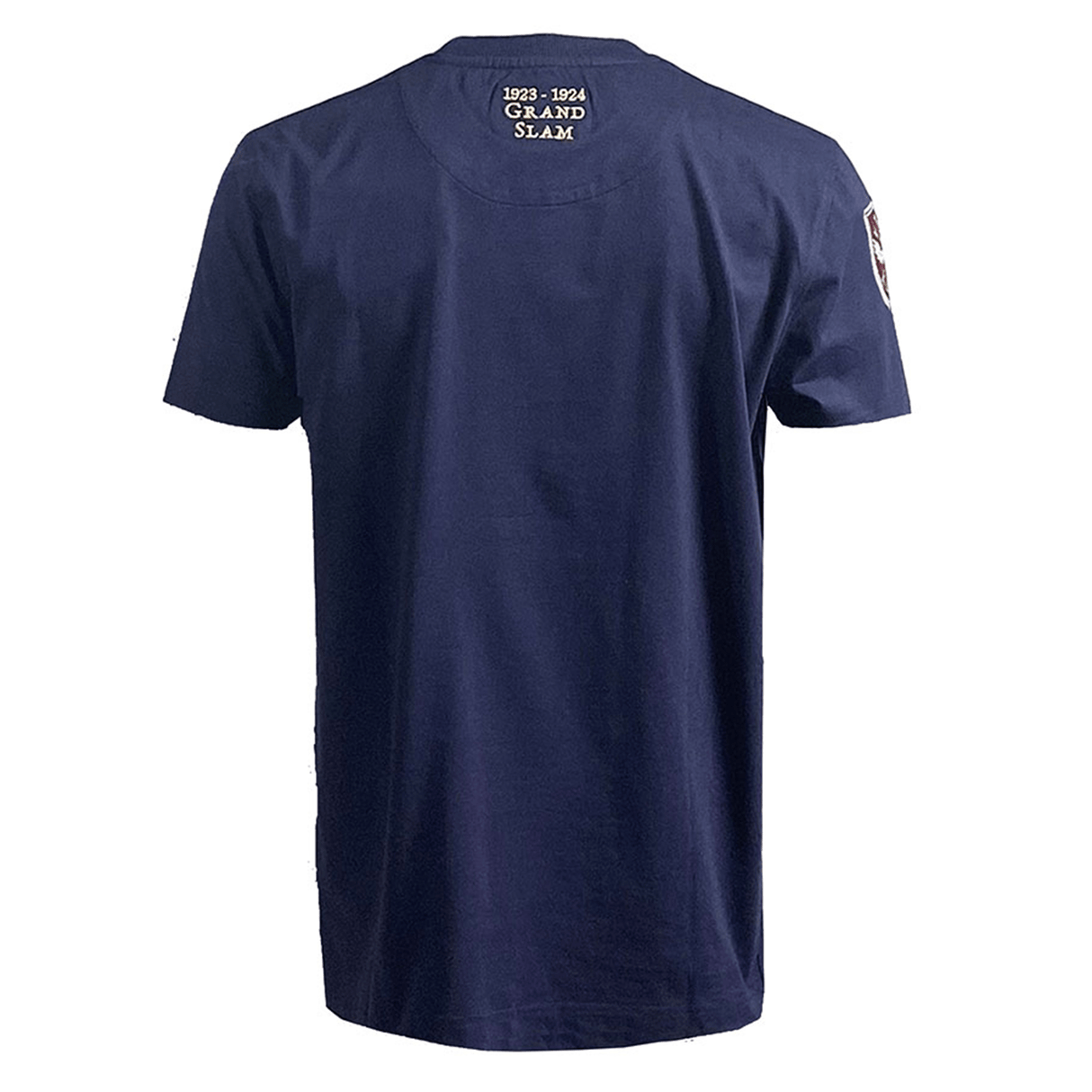 The Ellis Rugby England Rugby 1924 Grand Slam Shirt features a navy back view with "1923-1924 GO-AND SLAY" on the upper back and a unique sleeve patch, celebrating Ellis Rugby's iconic Grand Slam era.