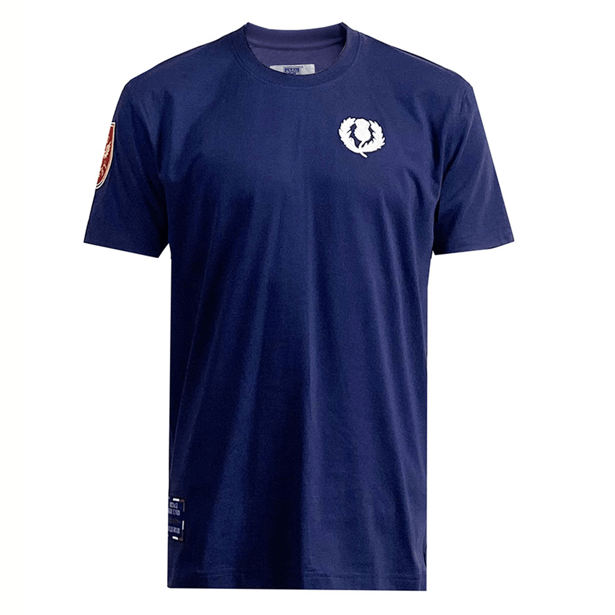 The Ellis Rugby Scotland Rugby 1990 Grand Slam Shirt is navy blue, with a small laurel crest on the chest and a sleeve patch, inspired by the 1990 Grand Slam triumph.
