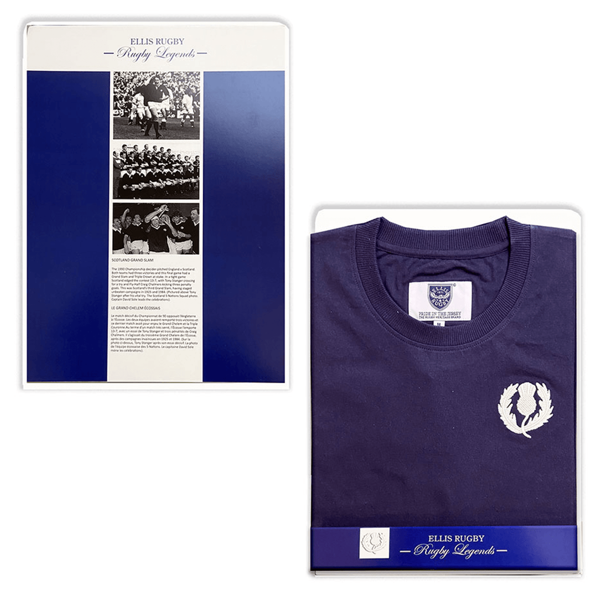 The Ellis Rugby Scotland Rugby 1990 Grand Slam Shirt, in navy packaging, displays text and historical images on the back celebrating Scotland's 1990 Grand Slam victory.