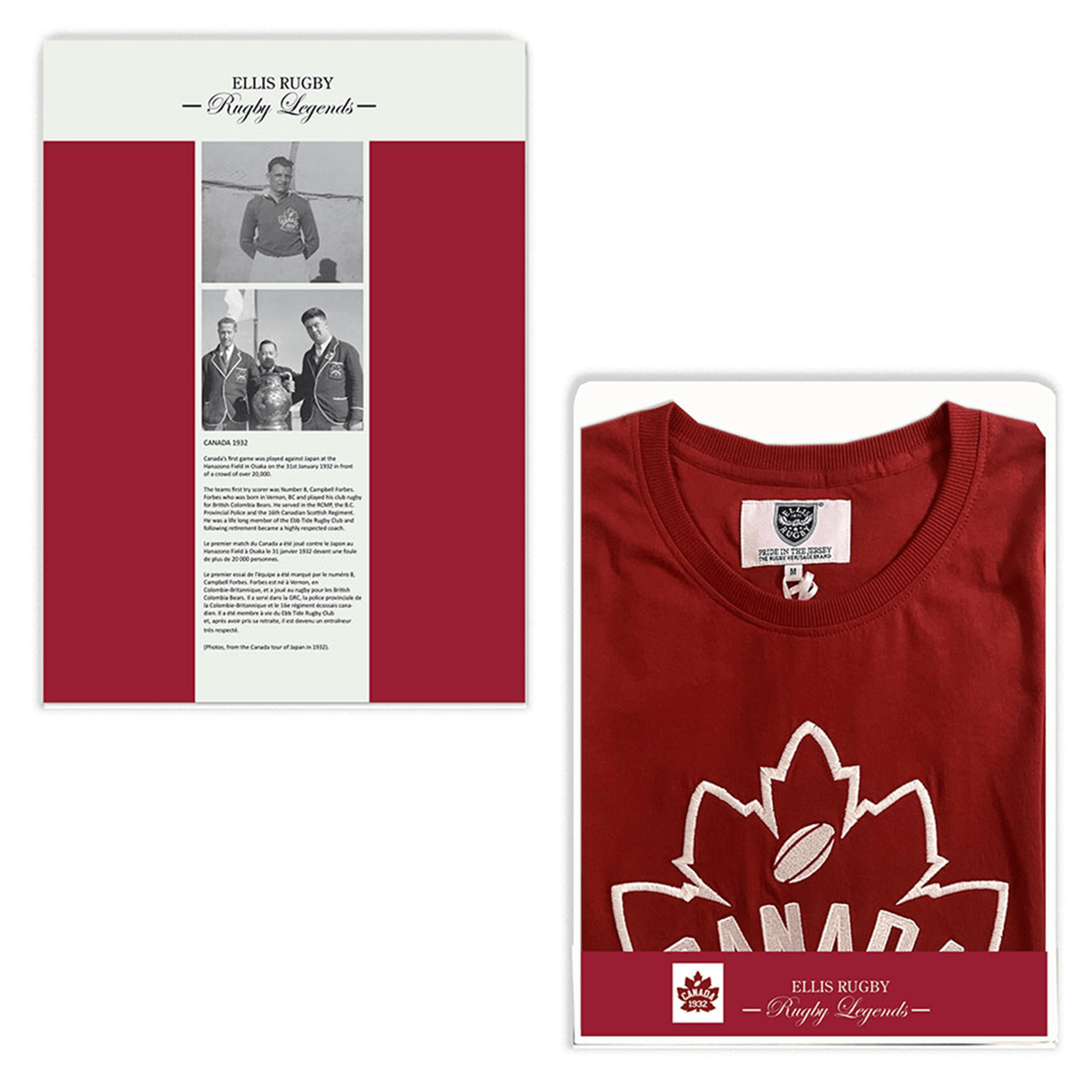 The Ellis Rugby Canada Rugby 1932 T-Shirt is a red tee with a maple leaf and "CANADA RUGBY" on the front. It comes packaged with a nod to Ellis Rugby, showcasing rugby legends' black-and-white photos and highlights from Canada Rugby 1932.