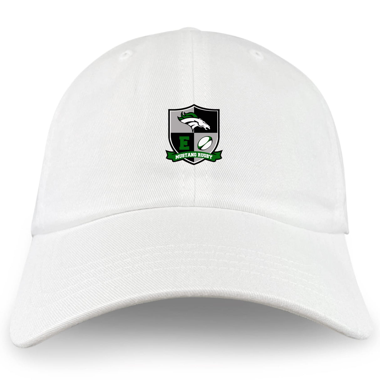 The Eagle High Mustangs Adult Low-Profile Cotton Twill Dad Cap by EMB S&S Activewear features embroidered team branding with a shield logo—rugby ball, bird, green "E," and a "Mountain Rugby" banner.