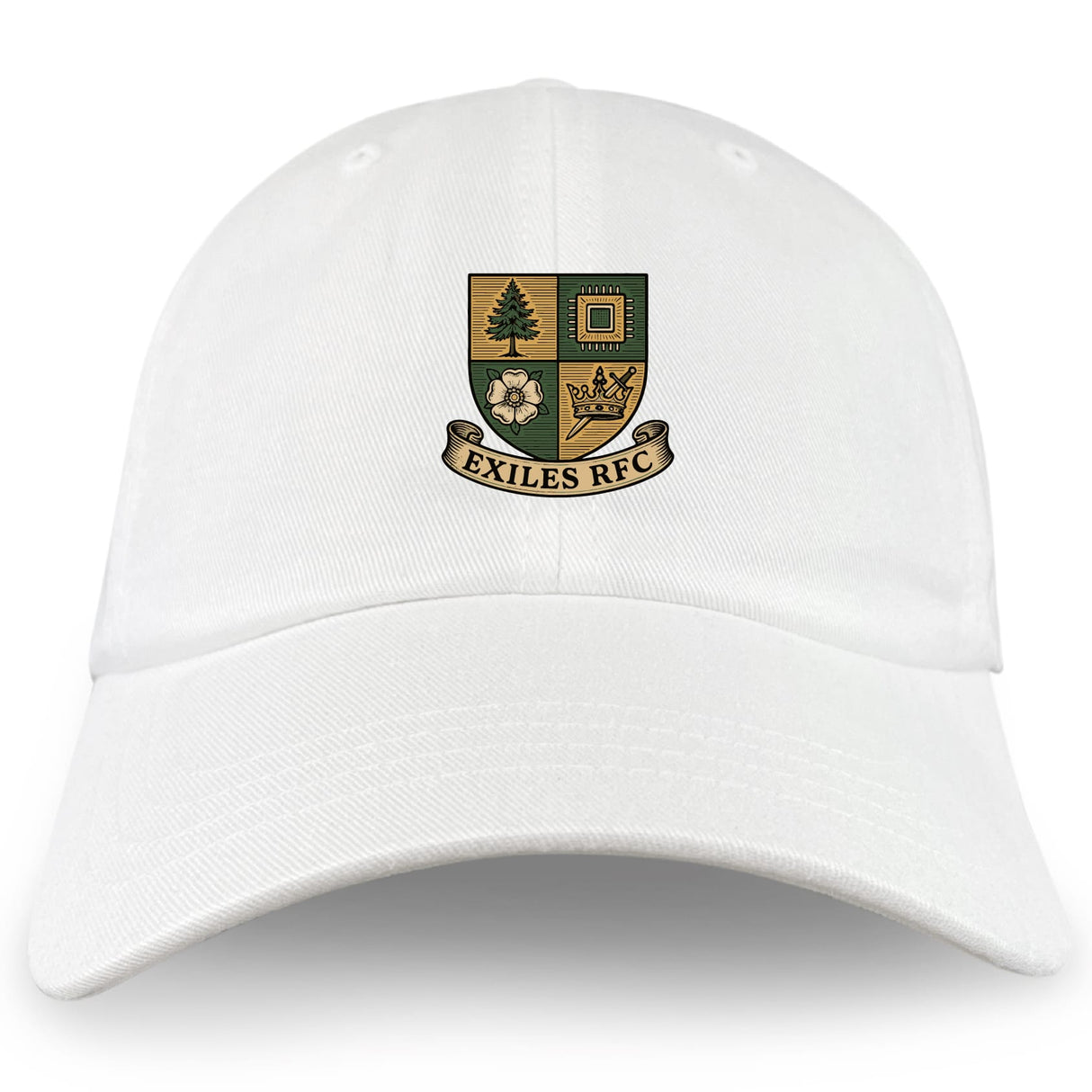 The EMB S&S Activewear Exiles Rugby Football Club Adult Low-Profile Cotton Twill Dad Cap features a multicolored embroidered crest with "EXILES RFC" text on the front.
