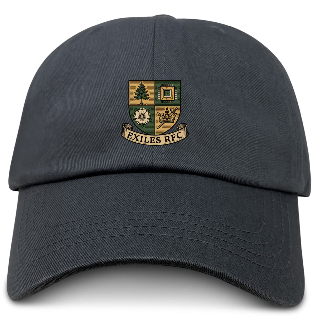 The EMB S&S Activewear Exiles Rugby Football Club Adult Low-Profile Cotton Twill Dad Cap features embroidered team branding—crest with tree, rose, crown, and square—on classic black cotton twill.