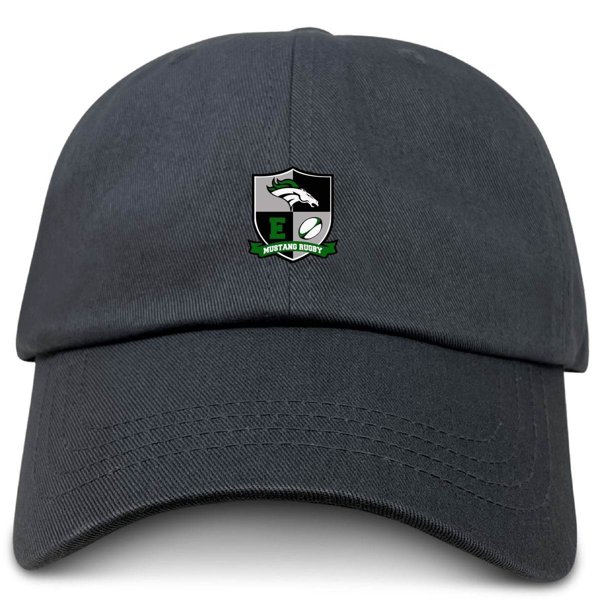 The EMB S&S Activewear Eagle High Mustangs Adult Low-Profile Cotton Twill Dad Cap is a black hat with embroidered team branding: a shield logo featuring an eagle, a rugby ball, and "EJ Norstand Rugby" text on the front.