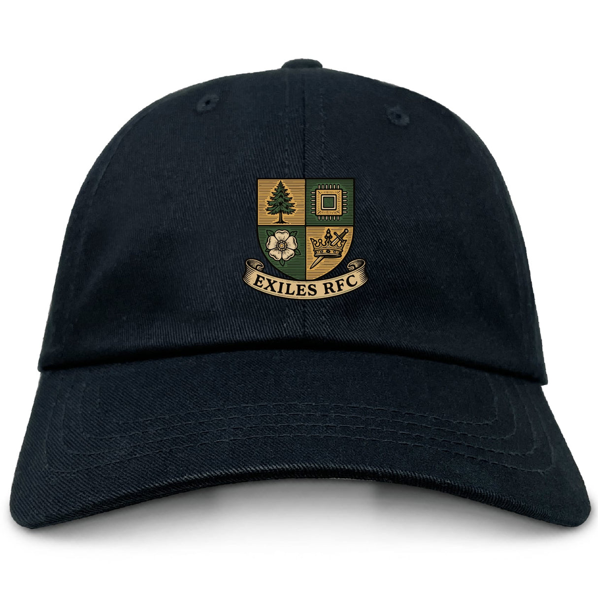 The Exiles Rugby Football Club Adult Low-Profile Cotton Twill Dad Cap by EMB S&S Activewear is a black cotton twill dad cap with a multicolored embroidered team crest and "EXILES RFC" on a banner below the emblem.