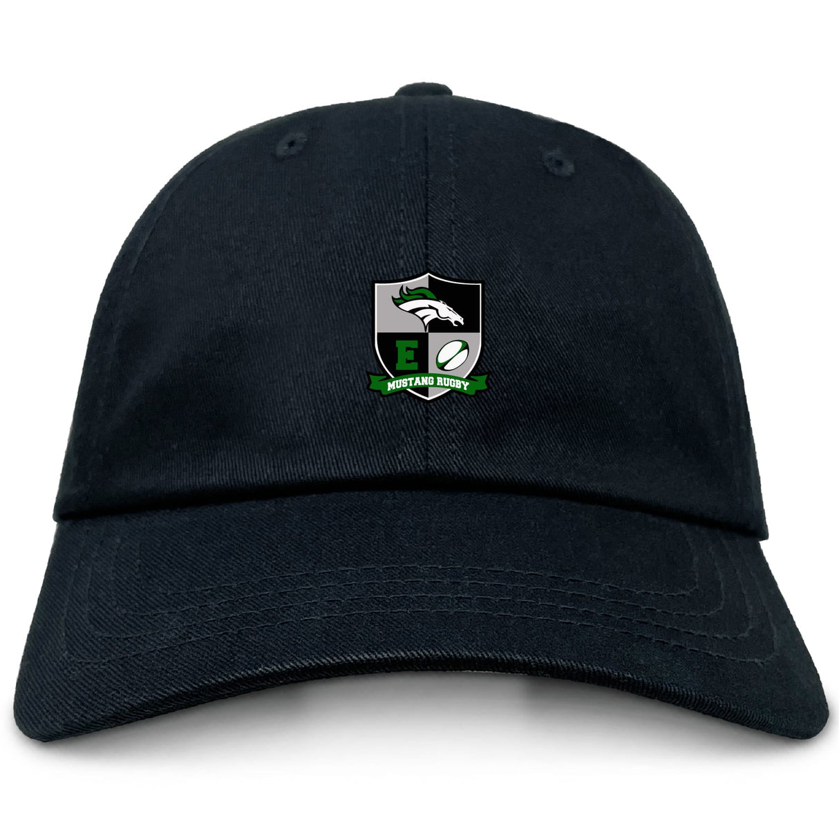 The Eagle High Mustangs Adult Low-Profile Cotton Twill Dad Cap by EMB S&S Activewear features team embroidery: an eagle crest, the letter "E," a rugby ball, and "Montana Rugby" in green and white.