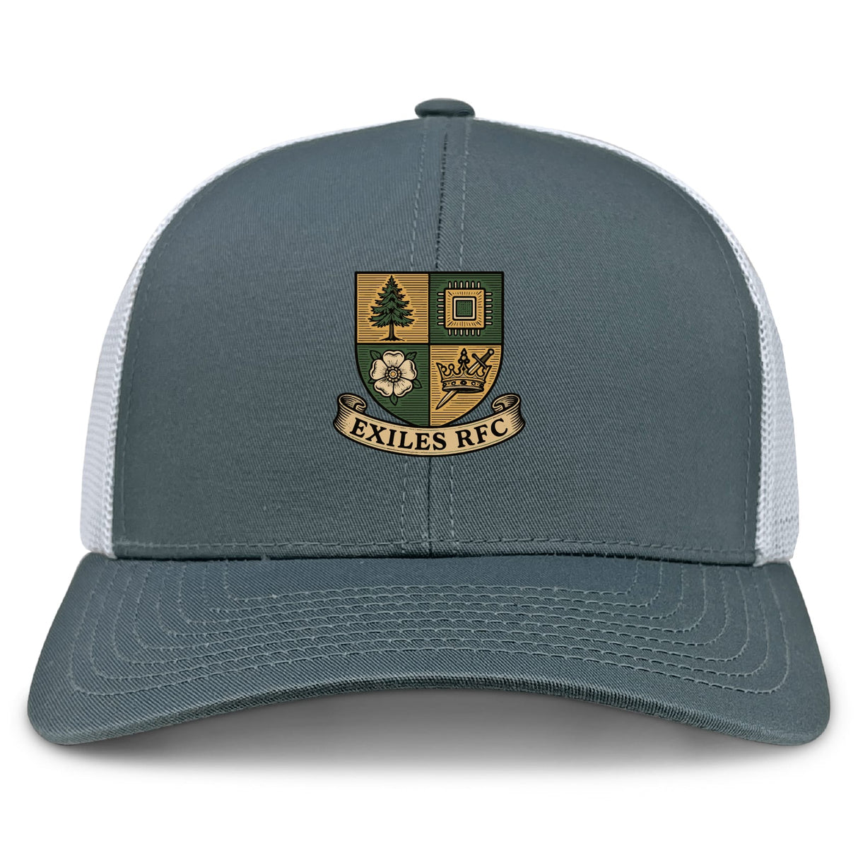 The Exiles Rugby Football Club Retro Trucker Cap by EMB S&S Activewear features a gray and white design, mesh back, adjustable snapback closure, and a multicolored embroidered "Exiles RFC" crest on the front panel.