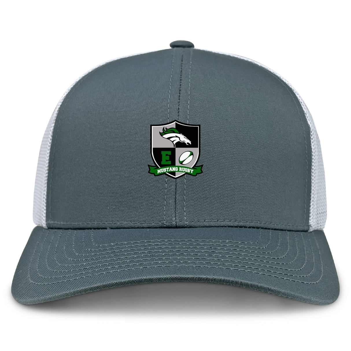 The Eagle High Mustangs Retro Trucker Cap by EMB S&S Activewear is a gray and white cap with an embroidered horse head and rugby ball crest above "Mustang Rugby," plus a snapback closure for adjustable fit.