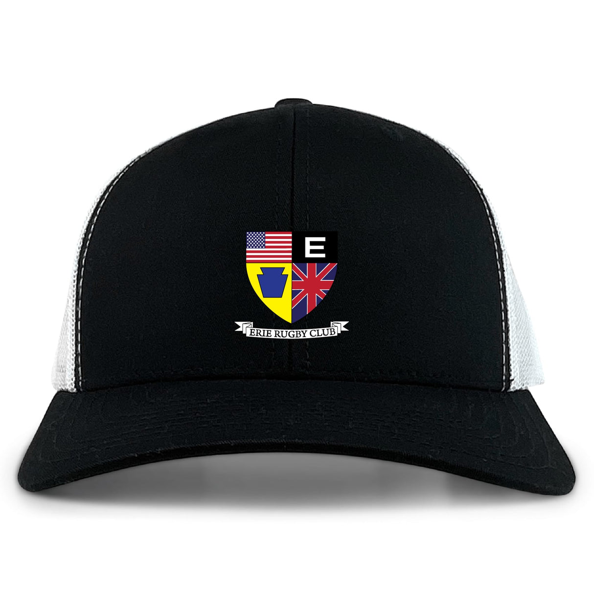The EMB S&S Activewear Erie Rugby Club Retro Trucker Cap features a black and white design, embroidered shield logo with American and British flags, "ERIE RUGBY CLUB" text on the front, and a snapback closure for comfort.