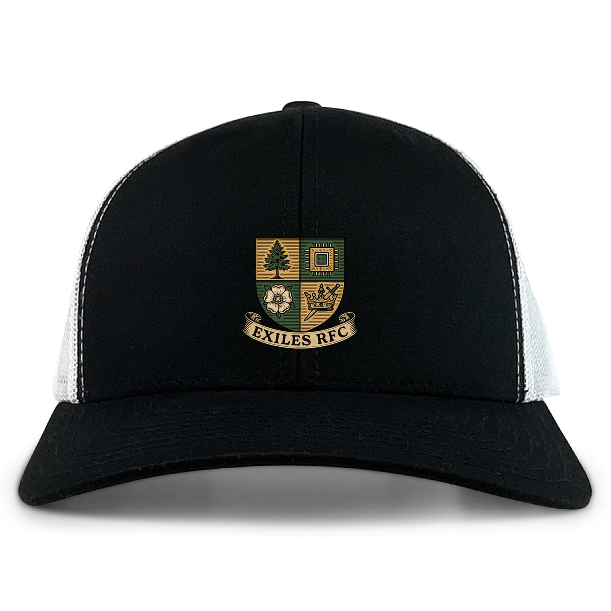 The EMB S&S Activewear Exiles Rugby Football Club Retro Trucker Cap features a black and white design with a gold and green crest on the front and an adjustable snapback closure.