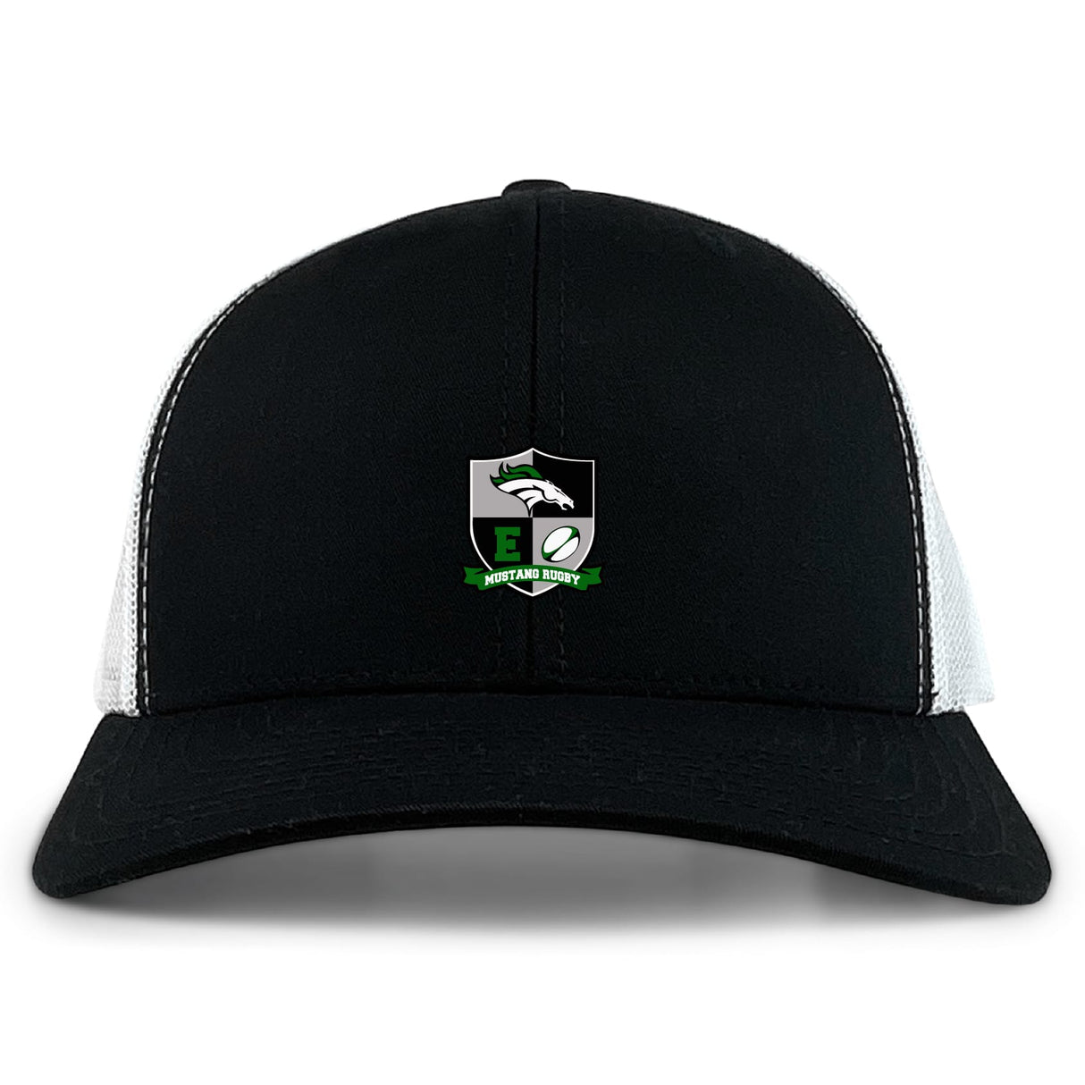 The Eagle High Mustangs Retro Trucker Cap by EMB S&S Activewear features a black and white design with an embroidered shield logo, wolf, rugby ball, and "Mustang Rugby" text on the front. Snapback closure for adjustable comfort.