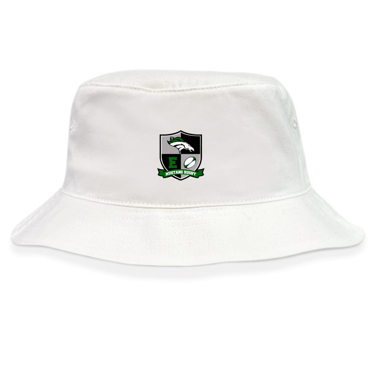 The Eagle High Mustangs Crusher Bucket Cap by EMB S&S Activewear features a logo with a black and green shield, an eagle, and rugby ball, plus sun protection and classic style for outdoor activities. "Meyerton Ebony" appears below the logo.