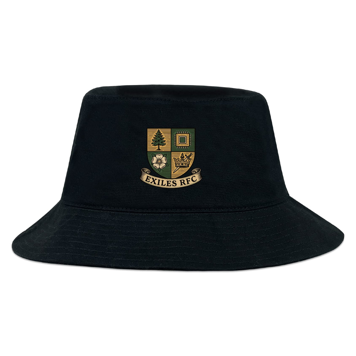 The EMB S&S Activewear Exiles Rugby Football Club Crusher Bucket Cap is a black cotton twill hat featuring a multicolored crest with "EXILES RFC" embroidered on the front—stylish sun protection for any occasion.